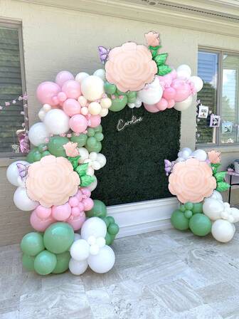 114pcs/Set Pink & Green Floral Wreath Set, Includes Rose Gold Foil Balloons, Pampas Grass Green & Pink & White Latex Balloons, Suitable For Birthday Party Decor, Princess Garden Tea Party Ambiance, Baby Shower, Pink & Green Theme Decor, Bridal Shower, Bachelorette Party Decoration