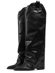 Cowboy Boots For Women With Rivets Studded Detail Knee High Fold Over Boots Pointed Toe Gothic Punk Style Shark Boots Slouchy Western Boots Chunky Heel Rodeo Concert Party Outfit - Black - View 2