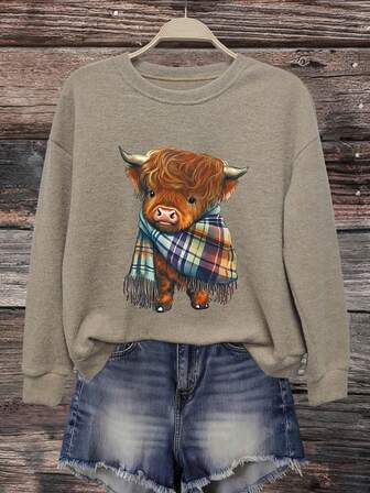 Ladies' Casual, Fashionable And Elegant Imitation Sweaters, Suitable For Parties, Comfortable Family Gatherings, Daily Wear, Cartoon Ox Pattern Printing, Soft And Comfortable Fabric, Autumn And Winter Clothing, Outerwear, Patterned Tops