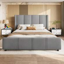 140 X 200 Cm Stylish, Modern Upholstered Bed Frame, High Headboard And Footboard, Certified USB Port, Combination Of Iron Frame And Wooden Board, Stable And Durable, Grey - Dark Gray - View 5