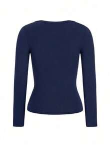 Women's T-Shirt Y2K Fall Clothes Casual Daily Sexy Solid Color Lace Contrasting Color Slim Long Sleeve V-Neck Top - 藍色 - 查看 9