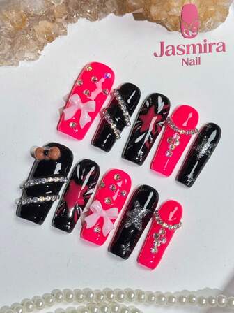 10 piezas de uñas postizas hechas a mano, pegatinas de manicura francesa estilo Y2K, uñas cuadradas de aplicación, uñas negras, uñas rosas, decoradas con gemas y cadenas de gemas, lazos 3D, líneas pintadas a mano, sexy, adecuadas para el Día de San Valentín, uñas postizas cortas de 3.0 cm, adecuadas para mujeres y niñas para uso doméstico, fiestas, regalos de cumpleaños, Navidad y otras festividades, productos de manicura DIY, reutilizables