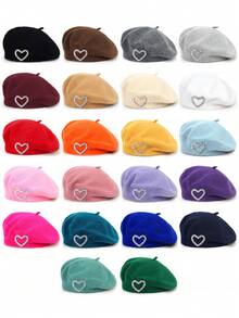 1顶女士休闲仿珍珠镂空心形羊毛贝雷帽，时尚百搭，适合日常佩戴，春/秋/冬季