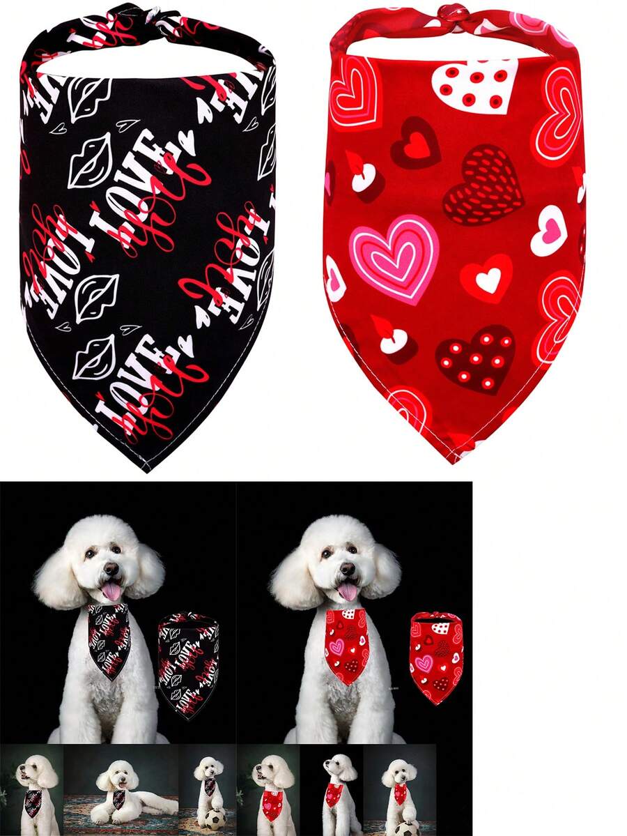 2pcs Valentine's Day Pet Accessories Heart-Shaped Bib, Dog Bandana, Wedding & Holiday Pet Supplies, Suitable For Daily Cleaning, Effectively Blocking Drool - Multicolor - View 1