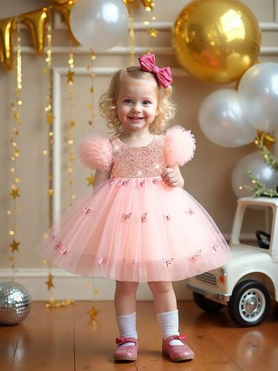 Baby Girls' Short Sleeve Sequin Butterfly Back Bow Tulle Cute Birthday Party Princess Dress, Suitable For Flower Girl, Holiday & Travel, Fabric Pattern Random, Headband Not Included