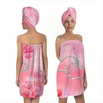 2pcs Valentine's Day Couple Pink Diamond Heart Rose Bathrobes, Sweet Luxurious Romantic Style, Made Of Soft Skin-Friendly Absorbent Fabric, Elastic Waist + Triangle Panel Comfortable Design, Gradient Pink Base + Diamond Heart, 3D Rose Decor, Quick Drying Function, Suitable For Bathing, Valentine's Day And Other Romantic Occasions, Can Enhance Cozy And Romantic Atmosphere At Home.