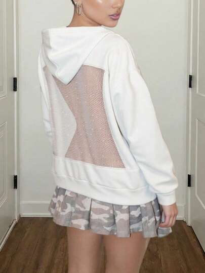 DOUCIU Solid Color Pullover Hoodie See Through Chic Sweatshirt Casual Street