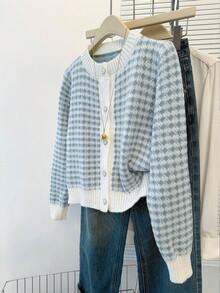JIANHU 春季新款粉白格子心形纽扣毛衣开衫甜美少女风柔软复古长袖针织衫 - 新藍色 - 查看 2