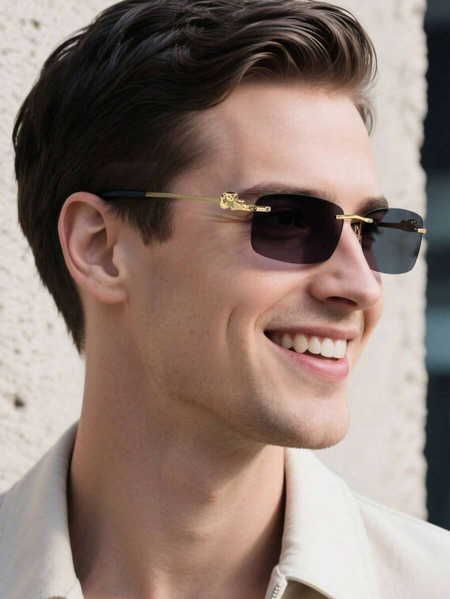 1 PC Men's Vintage Retro Rectangle Rimless Fashion Glasses Protection Copper Temples For Party