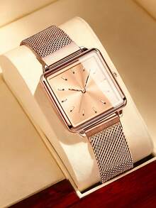 1pc Elegant, Fashionable, Luxurious, Exquisite Square Rose Gold Mesh Strap Quartz Watch Suitable For Daily Wear, Perfect For School Parties, Birthdays/Holidays, Vacations, Travel, Christmas Gifts, Perfect Decoration For Girls - Multicolor - View 6