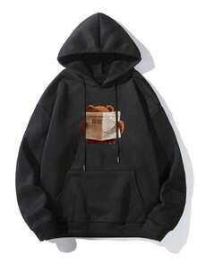 Men's Casual Newspaper & Bear Element Loose Fit Kangaroo Pocket Fleece Hoodie, Street Style For Autumn/Winter - Black - View 6