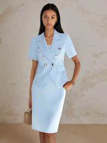 2pcs/Set Double-Breasted Suit Dress, Short Sleeve, High-Quality Elegant Professional Fitted Commuter Flat Lapel Comfortable Versatile Suit Dress Summer - Blue - View 1