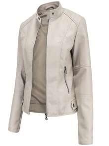 女士修身仿皮夹克，薄款机车夹克，立领，春秋季外套 - 米色 - 查看 3