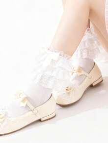 1 Pair Women's Solid Color Mid-Calf Socks, Multi-Layer Lace Trim Japanese Ballet Style Cute Bow Socks, Versatile And Suitable For Lolita Gatherings - Multicolor - View 6