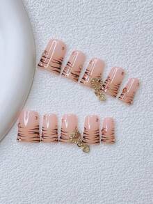 10片装Y2K风鸭嘴美甲贴片套装 - 手工制作，棕色、粉色美甲贴片，手绘斑马纹设计，闪亮水钻和金色爱心水钻装饰，精致可爱 - 适合女性和女孩，派对、婚礼、日常佩戴、DIY美甲，美甲套装，包含工具包。鸭嘴美甲。手工亚克力美甲贴片。哥特风美甲。渐变美甲。短款美甲贴片。假指甲。美甲用品 - 彩色 - 查看 1