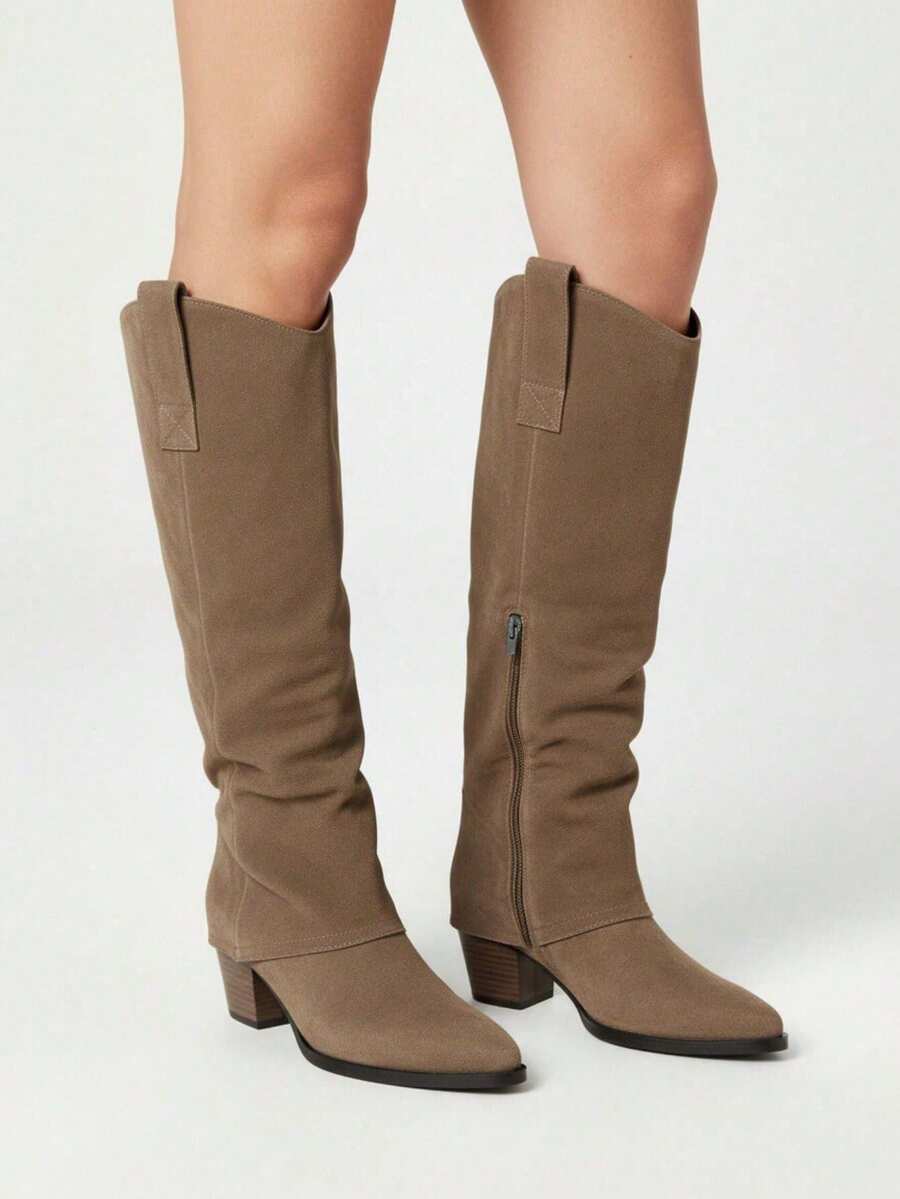 Fall/Winter 2025 New Stylish Pointed Toe Chunky Heel Side Zipper V-Cut Slim Fit Versatile Women's Tall Boots - Khaki - View 1