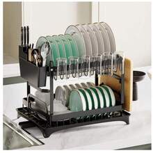Kitchen Countertop Dish Drying Rack - Multi-Functional Tableware Storage Organizer For Bowls, Plates, Chopsticks, Spoons & Dishes, Home Kitchen Space-Saving Dish Rack With Efficient Drainage System, Detachable Compartments For Classified Storage (Bowls/Plates/Utensils/Cutlery), Durable Plastic & Metal Construction For Long-Lasting Use, Easy-To-Clean Surface (Wipeable & Washable), Anti-Slip Rubber Feet To Prevent Sliding On Countertops, Suitable For Small Kitchens, Apartments & Family Homes, Keeps Dishes Dry, Tidy & Mold-Free After Washing, Extra Side Hooks For Hanging Sponges/Scrub Brushes, Adjustable Layers To Fit Different Dish Sizes, Ideal For Daily Kitchen Use & Meal Prep Organization - 黑色 - 查看 2
