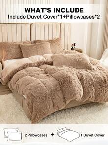 3pcs Solid Color Fluffy Comforter Set, Includes 1pc Plush Comforter Cover And 2pcs Pillow Shams, Suitable For Bedroom, Guest Room, Sizes: Super King, King, Queen, Twin, Christmas Gift - Earthy - View 2