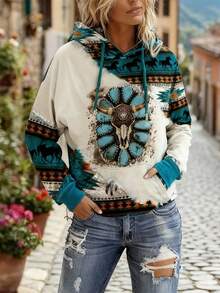 Elephant & Geo Print Kangaroo Pocket Drop Shoulder Drawstring Hoodie - Multicolor - View 4