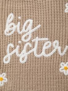 Infant Girls' Knitted Sweater With Delicate "Big Sister" Embroidery And White Floral Pattern, Soft And Cozy - Khaki - View 3