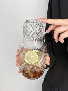 2pcs Vintage Floral Embossed Juice Drink Glass Cup, Creative Design Glassware Set Includes Teapot And Cup, Suitable For Coffee, Tea, Fruit Juice