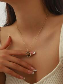 1 件复古棕色宝石不锈钢吊坠项链，椭圆形太阳心形镀金水钻颈链，适合女性日常和节日佩戴或珠宝礼物 - 金色+寶藍色 - 查看 5