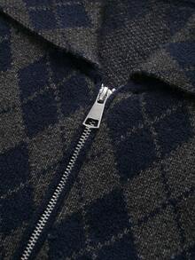 DEEKA 秋冬新款女装时尚休闲菱格纹飞行员夹克针织短外套 - 灰藍 - 查看 4