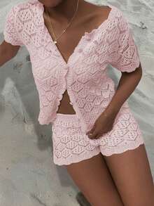 女士夏季度假套装，钩针网纱性感镂空沙滩短袖针织罩衫+短裤两件套 - 女士度假两件套，钩针罩衫夜店装，女士性感修身款 - 淺粉色 - 查看 6