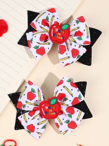 2 piezas Clips para el cabello de vuelta a la escuela, diseño de manzana y lazo, accesorios para el cabello lindos, uso diario para la escuela - Multicolor - Ver 1