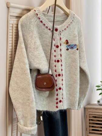 JIANHU Holiday Reindeer Embroidered Fuzzy Knit Cardigan For Women – Vintage Cute Button Down Sweater Top For Winter Christmas & Gift Season