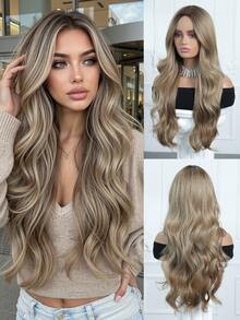 Peruca sintética castanha de 71 cm (28 polegadas) de comprimento, com risca ao meio e cabelo encaracolado loiro, adequada para uso diário feminino, cosplay, natural e realista, ideal para Halloween, Natal, Ano Novo, Carnaval, festivais de música, formatura, feriados e um presente perfeito para meninas e mulheres. - Castanho - Ver 3