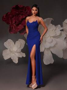 VIPGIRL Red Sequin Patchwork High Slit Elegant Sexy Women's Formal Evening Gown - Royal Blue - View 1