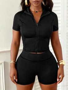 LovelyWholesale Women's Casual Stand Collar Short Sleeve Zipper Top And Shorts Yoga Set, Summer Fitness Outfit - Black - View 2