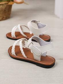 1 Pair Girl's Summer PU Woven Strap Sandals, Breathable Lightweight Hollow Casual Beach Vacation Shoes, Cute College Style Classic - Beige - View 3