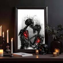 1 pieza Cartel de arte de lienzo moderno, pintura de aceite impresa, pintura de lienzo de pareja abrazando calavera, póster de amor de calavera, decoración de pared del hogar moderna, decoración de pared de artista, sin marco, adecuado para decoración del hogar, decoración de habitación, decoración de dormitorio, decoración de sala de estar, decoración de baño, decoración de pared, arte de pared opcional con marco. - negro rojo - Ver 1
