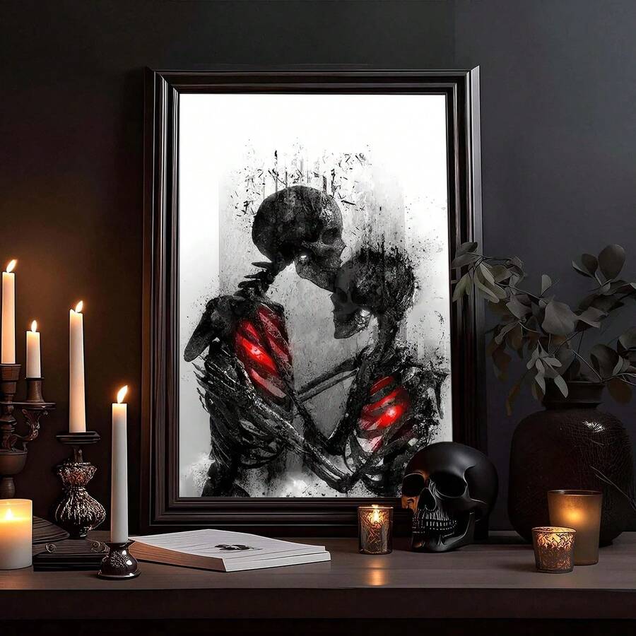 1 pieza Cartel de arte de lienzo moderno, pintura de aceite impresa, pintura de lienzo de pareja abrazando calavera, póster de amor de calavera, decoración de pared del hogar moderna, decoración de pared de artista, sin marco, adecuado para decoración del hogar, decoración de habitación, decoración de dormitorio, decoración de sala de estar, decoración de baño, decoración de pared, arte de pared opcional con marco. - negro rojo - Ver 1