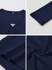 Women's T-Shirt Y2K Fall Clothes Casual Daily Sexy Solid Color Lace Contrasting Color Slim Long Sleeve V-Neck Top - 藍色 - 查看 10