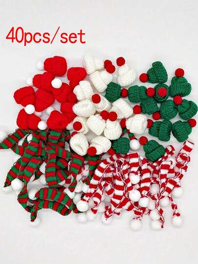 40pcs/Set Handmade Mini Knitted Christmas Hat & Scarf Set, Suitable For DIY Craft Supplies, Perfect For Decorating Christmas Trees, Snowmen, Glass Bottles And Holiday Outfits