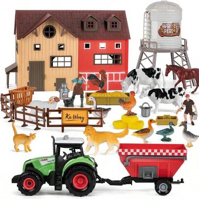 Set de Juguetes de Animales de Granja con Granero Rojo, Juego de Granja de 33Pcs para Nios Pequeos de 3 - 5 y 5 - Aos Incluyendo Figuras de Animales, Granjero, Tractor y Accesorios de Vida en la