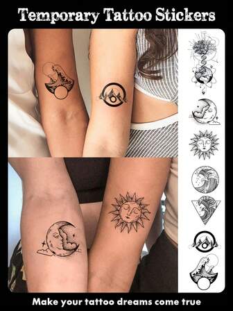 4张小号人体彩绘纹身贴纸，男女通用，图案包括简约线条、指甲、链条、火焰文字和月亮，防水，可持续2-5天，可用于手指、手臂、颈部、腰部、腿部和脚踝，适合节日、派对和万圣节等场合。
