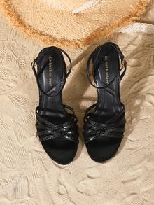 On feet& in love Women's Fashionable Elegant Round Toe Strap Buckle Shallow Toe Open Toe Sandals, Suitable For Wearing With Dresses, Thin High Heels - Black - View 6