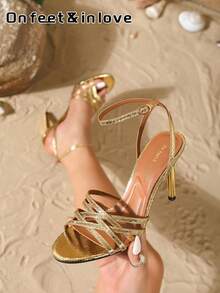 On feet& in love Women's Fashionable Elegant Round Toe Strap Buckle Shallow Toe Open Toe Sandals, Suitable For Wearing With Dresses, Thin High Heels - Golden Yellow - View 1