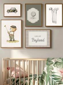 لوحة جدارية قماشية، فن جداري لغرفة طفلة أو طفل، ديكور غرفة الأطفال، منتجات أطفال، ملصقات غرفة الأطفال، لوحة جدارية بدب تيدي قديم بطراز الجولف، لون أخضر داكن، ديكور جداري مؤثر