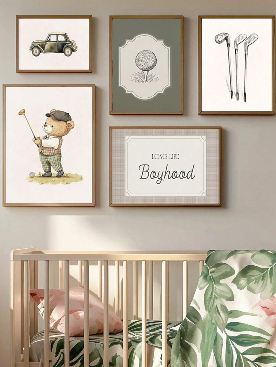 لوحة جدارية قماشية، فن جداري لغرفة طفلة أو طفل، ديكور غرفة الأطفال، منتجات أطفال، ملصقات غرفة الأطفال، لوحة جدارية بدب تيدي قديم بطراز الجولف، لون أخضر داكن، ديكور جداري مؤثر