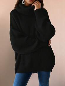 New Women's Casual Fashionable Minimalist Solid Color Knitted Turtleneck Sweater, Autumn/Winter Black - Black - View 8