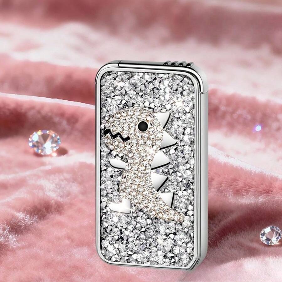 Cute Innovative Lighter, Dual Flame Windproof Lighter, Metal Embossed Rhinestone Butane Torch Lighter, Refillable Adjustable Flame - Khủng long trắng (Không có khí) - Xem 1