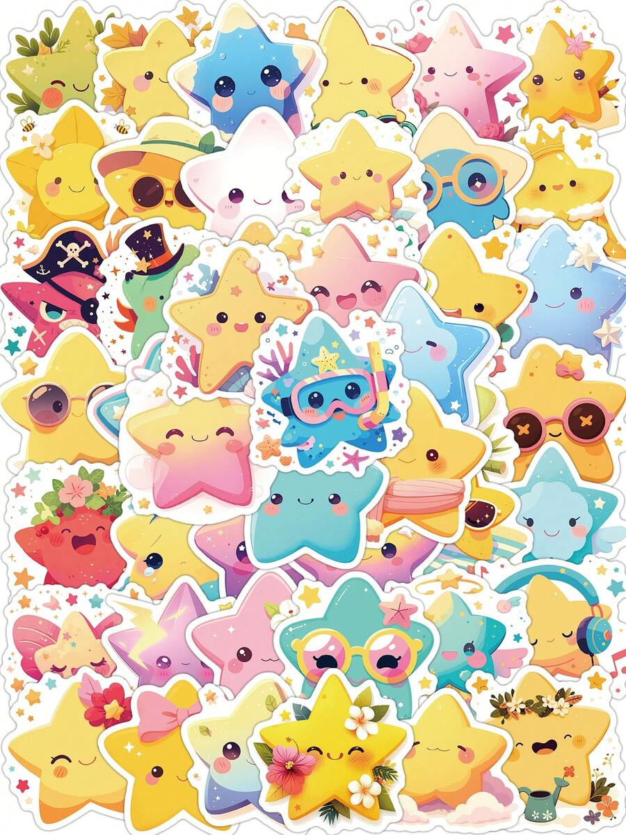 54PCS/110PCS Soft & Cute Star Stickers With Various Expressions. Features Decorative Details Like Floral Wreaths, Hats, And Glasses In Soft, Vibrant Colors. Perfect For Decorating Journals, Laptops, Phone Cases, Water Bottles, And Stationery. - Multicolor - View 1