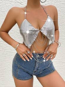 夏季女士音乐节链条连接露脐吊带背心 - 銀色 - 查看 5