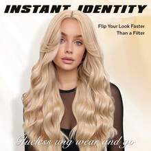 26英寸长金色波浪假发，铂金色长假发，女士合成蕾丝前假发，中分，万圣节角色扮演假发，适合女性日常佩戴、派对、万圣节、角色扮演、圣诞节等场合。 - 彩色 - 查看 6