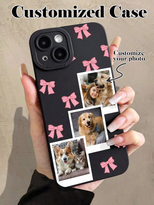 1pc Customized Cute Bow Pet Friend Photo Cartoon Bow Black Soft Full Coverage Phone Case Protector For Samsung, Redmi, Apple 13 14 15 14C A14 A15 16A A34 A35 A36 A53 A54 A55 A56 S25 S24 S23 S22 S21 S20 Ultra 16 Pro Max